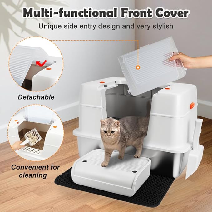 Vivifying Stainless Steel Litter Box with Lid, XL Side Entry Extra Large Litter Box for Big Cats &amp; Kitty, Removable Enclosed Metal Cat Pan with High Sided Enclosure, Scoop, Mat, Footboard (Beige)