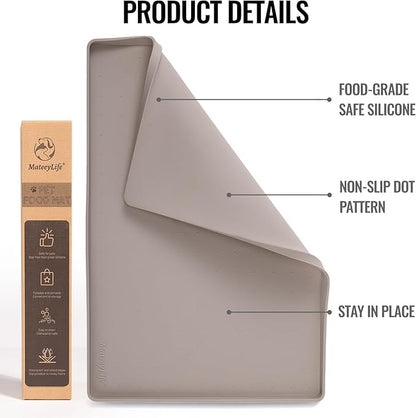 MateeyLife Dog &amp; Cat Food Water Mat for Floors Waterproof, Nonslip Pets Bowl Feeding Mats with Raised Edges, Silicone Matt Tray for Messy Drinkers, 24"x16", Taupe