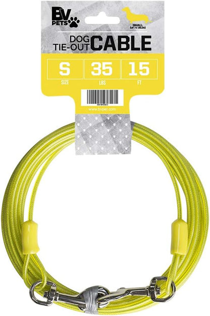 BV Dog Tie Out Cable 15 Feet - Heavy Duty Dog Lead Up to 35 Pounds - Reflective &amp; Rust-Free with Quick Release Swivel Clips &amp; 360° Rotating Clasp - Tangle-Free Dogs Runner for Yard (Yellow, Single)