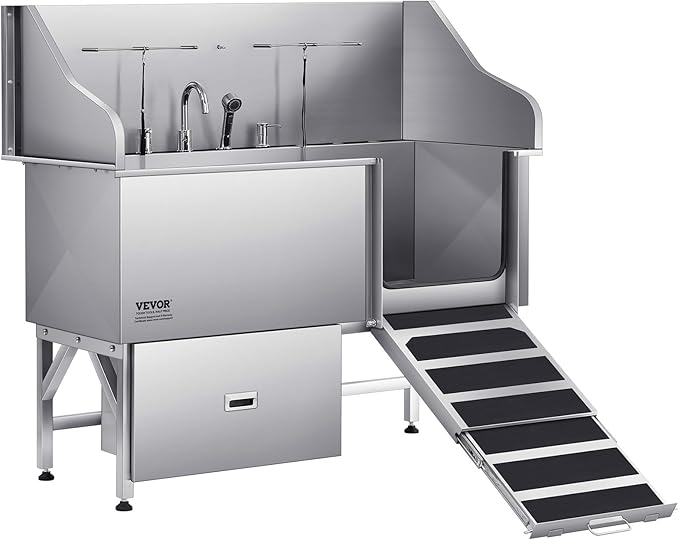 VEVOR Professional 304 Stainless Steel Dog Bathing Station, 61 inch Pet Grooming Tub w/Anti-Slip ramp, Storage Drawer, Cold Hot Faucet Showerhead for Large &amp; Medium &amp; Small (Right Door, with Drawer)