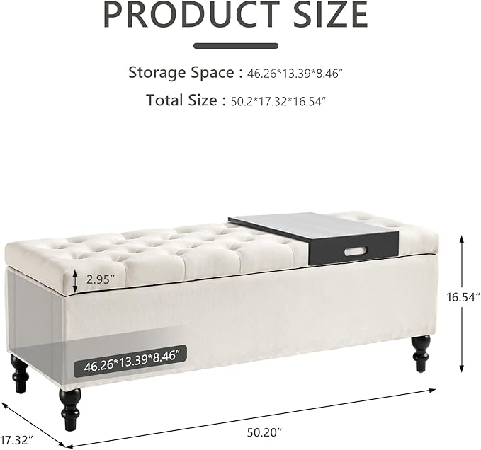 Ottoman with Storage,50.2-inch Upholstered End of Bed Storage Bench for Bedroom,for The Living Room,for Entryway, with Tray &amp; Button and Safety Hinges,Detachable (White)