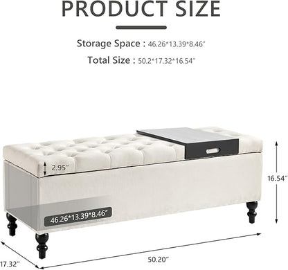 Ottoman with Storage,50.2-inch Upholstered End of Bed Storage Bench for Bedroom,for The Living Room,for Entryway, with Tray &amp; Button and Safety Hinges,Detachable (White)