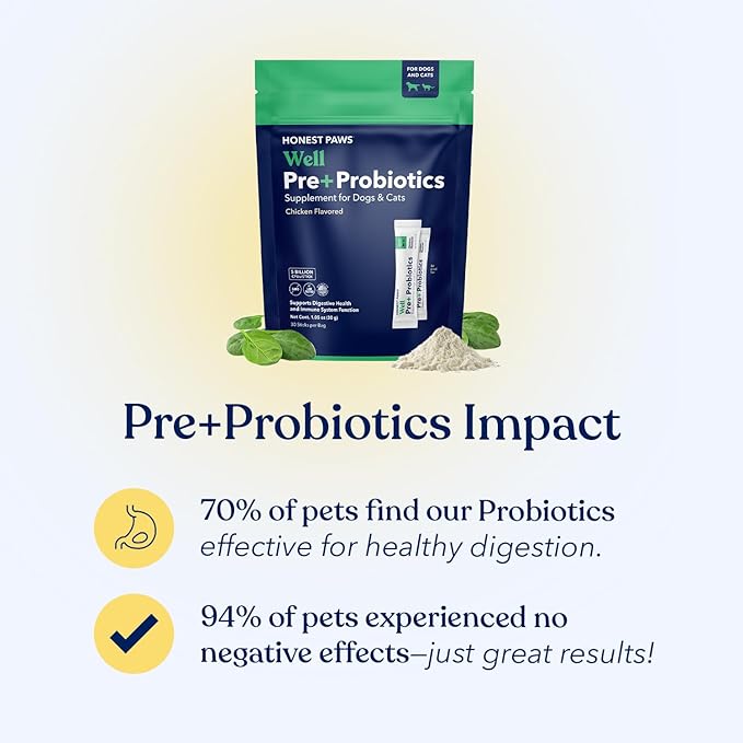Honest Paws Probiotics for Dogs - Digestive &amp; Immune Support Powder with Prebiotic Made in The USA, Chicken Flavor (30 Sticks)