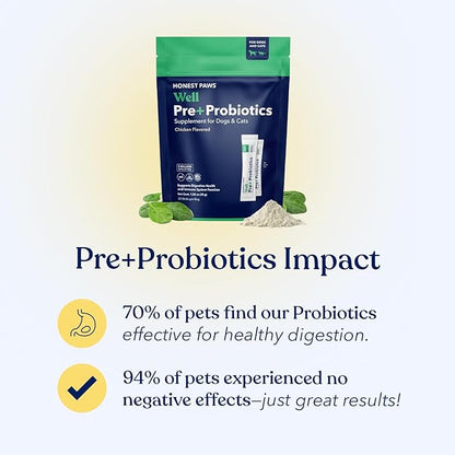 Honest Paws Probiotics for Dogs - Digestive &amp; Immune Support Powder with Prebiotic Made in The USA, Chicken Flavor (30 Sticks)