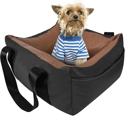 Dog Car Seat for Small Dogs, Large Leather Dog Car Bed with Storage Pocket, Waterproof PVC Leather Booster Seat Travel Bed for Front &amp; Back Seat, Clip-On Safety Leash (Black/Brown)