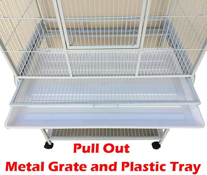 Large Double Center Divider Birdhouse Treehouse Bird Flight Parrot Breeder Cage Feeder Doors Side Breeding Nest Doors Easy Clean Pull Out Tray with Removable Rolling Stand