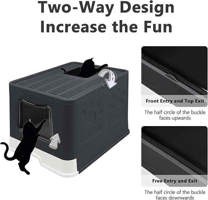XL Foldable Cat Litter Box with Lid - Jumbo Enclosed Potty - Top Entry Anti-Splashing Toilet - Includes Scoop &amp; 2-in-1 Cleaning Brush (Black)