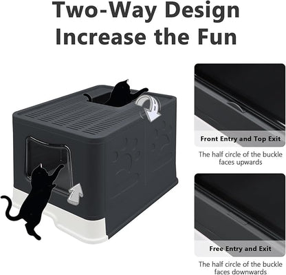 XL Foldable Cat Litter Box with Lid - Jumbo Enclosed Potty - Top Entry Anti-Splashing Toilet - Includes Scoop &amp; 2-in-1 Cleaning Brush (Black)
