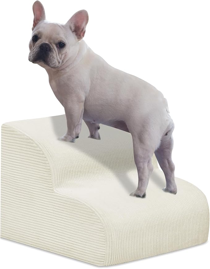 Dog Stairs &amp; Steps for High Beds, 2 Steps High Density Foam Waterproof Dog Ramp for Small Dogs and Cats, Pet Stairs with Washable Cover for Bed, Couch, Sofa and Car, Beige (H: 11.8")