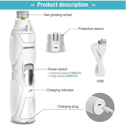 Pet Nail Grinder with LED Light &amp; 2 Grinding Heads, 2-Speed Low Noise &amp; More Powerful Dog Nail Grinder, Pet Nail Trimmer File, Painless Paw Claw Care, Quiet Toenail Grooming Tool for L/M/S Dogs/Cats
