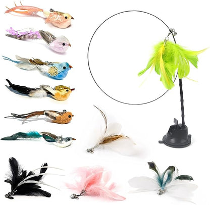 12PCS Interactive Cat Feather Wand Toy Set – 11 Bird &amp; Feather Teaser Refills with Bells + Flexible Suction Cup Wand – Realistic Bird Design, Natural Materials, Indoor Cat Toys for Exercise &amp; Play