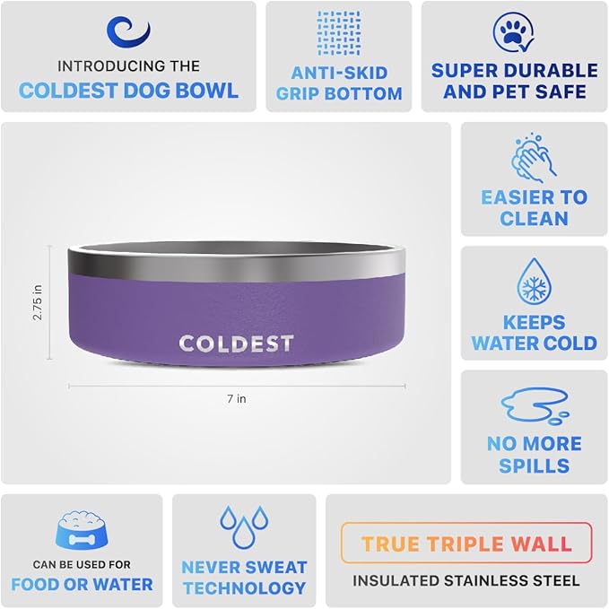 Coldest Dog Bowl - Anti Rust Metal, Non Slip, 3 Layers Insulated Stainless Steel Dog Bowls - Spill Proof &amp; Heavy Duty - Water Bowl for Dogs, Cats &amp; Pets, Dish Washer Safe (42 oz, Galaxy Purple)