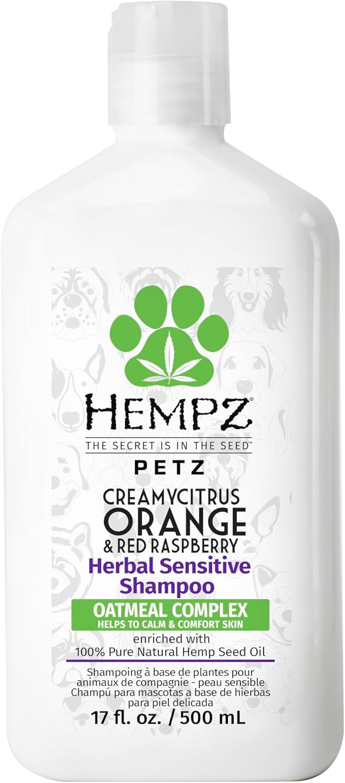Hempz Petz, Sensitive Dog Shampoo, Oatmeal Complex to Soothe, Creamy Citrus Orange &amp; Red Raspberry Herbal Sensitive Shampoo 17 oz.