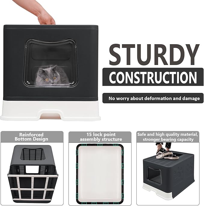 XL Foldable Cat Litter Box with Lid - Jumbo Enclosed Potty - Top Entry Anti-Splashing Toilet - Includes Scoop &amp; 2-in-1 Cleaning Brush (Black)