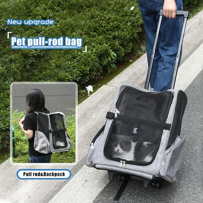 Pet Trolley Bag Cat Dog Travel Bag Portable &amp; Breathable Pet Carrier Backpack - Lightweight Dual-Shoulder Design for Easy Travel with Your Beloved Companion Scalable Pull Rod pet Bag (Red)