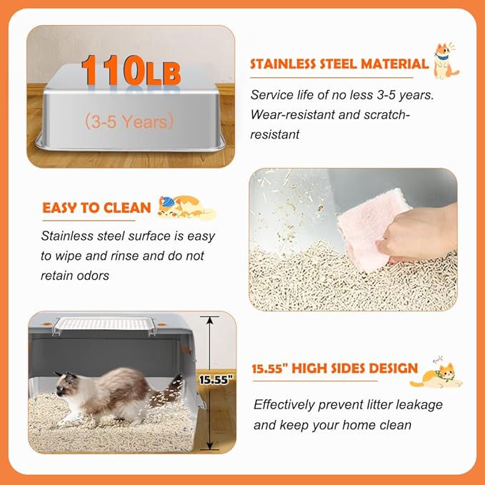 Vivifying Stainless Steel Litter Box with Lid, XL Side Entry Extra Large Litter Box for Big Cats &amp; Kitty, Removable Enclosed Metal Cat Pan with High Sided Enclosure, Scoop, Mat, Footboard (Gray)