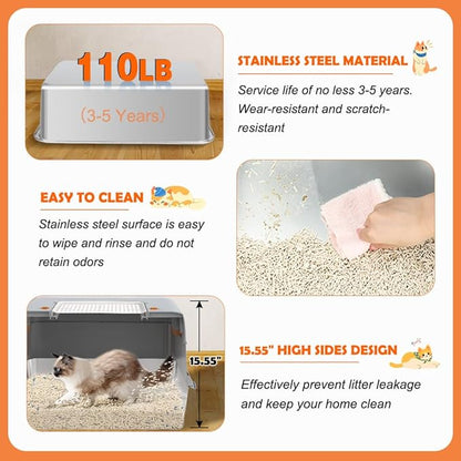 Vivifying Stainless Steel Litter Box with Lid, XL Side Entry Extra Large Litter Box for Big Cats &amp; Kitty, Removable Enclosed Metal Cat Pan with High Sided Enclosure, Scoop, Mat, Footboard (Gray)