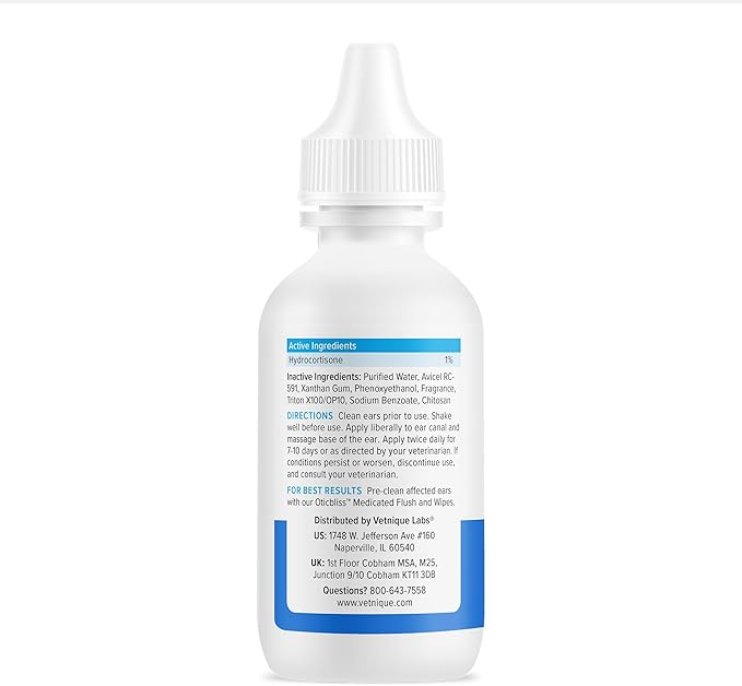Vetnique Oticbliss Medicated Cat &amp; Dog Ear Cleaner Drops - Dog Ear Infection Treatment with 1% Hydrocortisone to Soothe Itching, Redness, &amp; Swelling - Vet Recommended