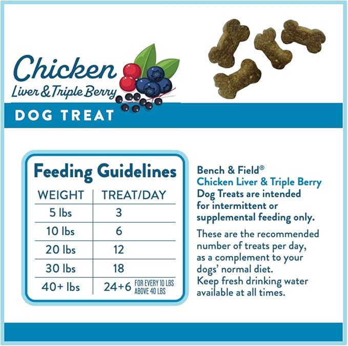 Bench &amp; Field Holistic Natural Chicken Liver &amp; Triple Berry Dog Treats | Crunchy Bone-Shaped Bites | Antioxidant Blend, 10-Ounce Bottle