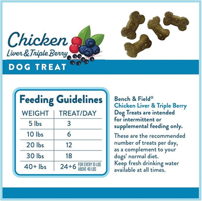 Bench &amp; Field Holistic Natural Chicken Liver &amp; Triple Berry Dog Treats | Crunchy Bone-Shaped Bites | Antioxidant Blend, 10-Ounce Bottle