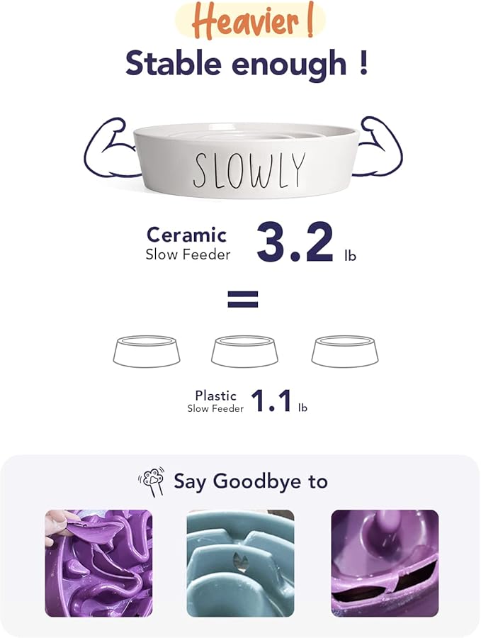 Slow Feeder Dog Bowl - 1.5 Cups Ceramic Puzzle Feeder for Small &amp; Medium Breeds, Maze Design Bowl for Puppy &amp; Fast Eaters, White Pet Dish to Control Eating Speed