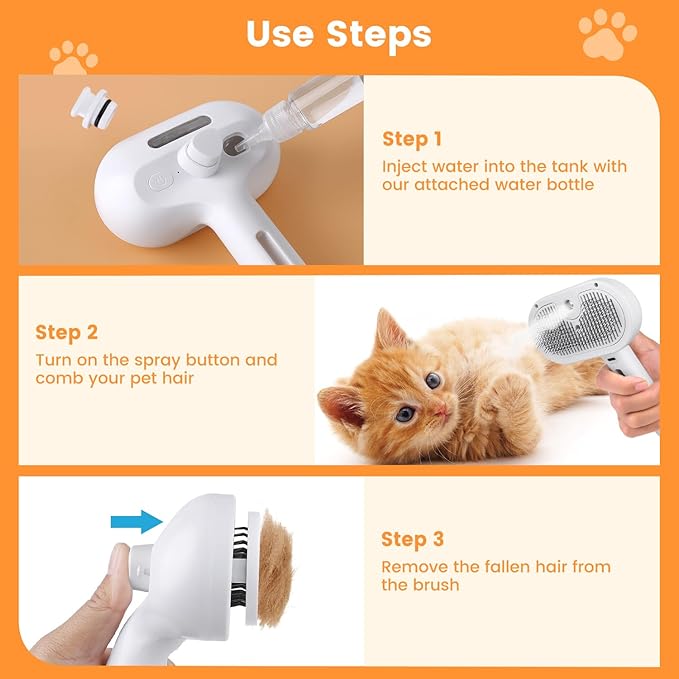 3 in 1 Cat Steam Brush, Pet Steam Brush for Cat Dog Long Short Haired, Pet Spray Hair Removal Comb for Small Animals Shedding &amp; Grooming, Water Mist Spray Brushes with Release Button(White)