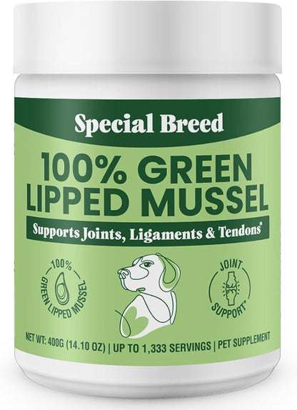 Special Breed Green Lipped Mussel Powder for Dogs &amp; Cats - 100% New Zealand Green Lipped Mussels - Natural Hip &amp; Joint Supplement for Joints, Tendons, Ligaments, Muscles - 400 Grams - 1,333 Servings