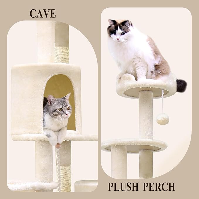 Globlazer Artistic Curved Cat Tower for Small Cats (Under 12 lbs), 81-inch Slim Design Cat Tree with Space-Saving Design, Indoor Cat Condo with Hammock &amp; Tunnel, C81, Beige, Non-Large Cats