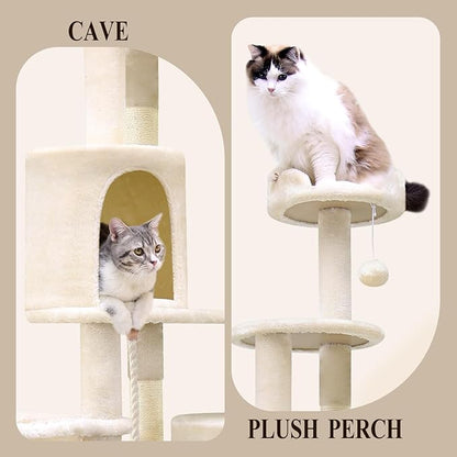 Globlazer Artistic Curved Cat Tower for Small Cats (Under 12 lbs), 81-inch Slim Design Cat Tree with Space-Saving Design, Indoor Cat Condo with Hammock &amp; Tunnel, C81, Beige, Non-Large Cats