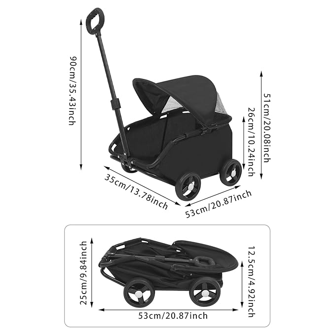 Small Dog Stroller, Pe4-Wheel Portable Dog &amp; Cat Stroller with Semi-Open Design, Foldable Pet Cart with Canopy for Small Dogs or Cats Weighing Less Than 15.43 Pounds (Black)