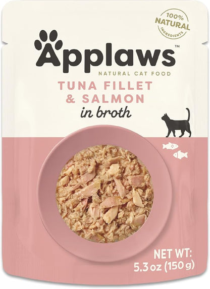 Applaws Natural Wet Cat Food in Broth, Limited Ingredient Wet Cat Food Pouches, No Additives, Made with Natural Ingredients, Tuna Fillet with Salmon in Broth (12 x 5.3oz Pouches)