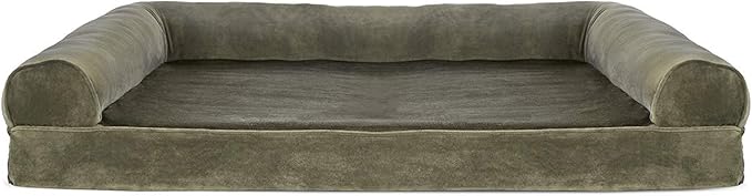 Furhaven Cooling Gel Dog Bed for Large Dogs w/ Removable Bolsters &amp; Washable Cover, For Dogs Up to 95 lbs - Faux Fur &amp; Velvet Sofa - Dark Sage, Jumbo/XL