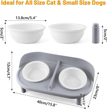 Elevated Cat Bowls, Tilted Rised Cat Food and Water Bowl with 2 Pcs Ceramic Pet Bowls, Rised Stand, Pet Dish Anti Vomiting Feeding Station for All Sized Cats &amp; Small Dogs (Grey)