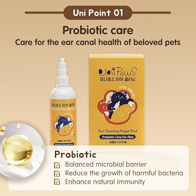 UNIPAWS Pet Ear Drops for Dogs &amp; Cats – Vet-Recommended Ear Cleaner &amp; Deodorizer – Helps Reduce Wax Buildup &amp; Soothe Itchy Ears – 5.1 fl oz Probiotic &amp; Moisturizing Formula, Made in Korea