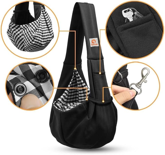 Tomkas Small Dog Sling Carrier - Classic Pocket &amp; Classic Strap - for 3-10 lbs Pets(Black)