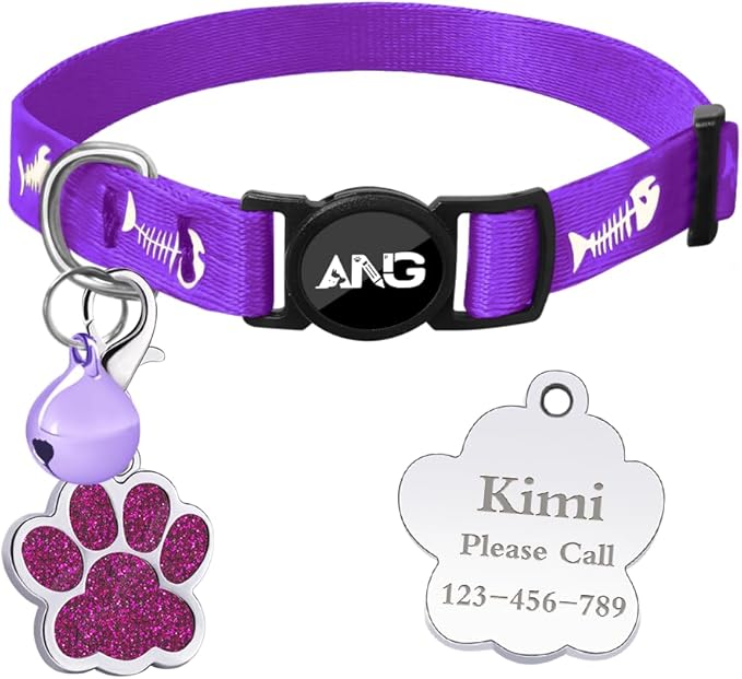 Personalized Breakaway Cat Collars Glow-in-The-Dark with ID Tag, Bell - Safety Quick - Release, Customizable for Female Male Kittens &amp; Cats (Purple)