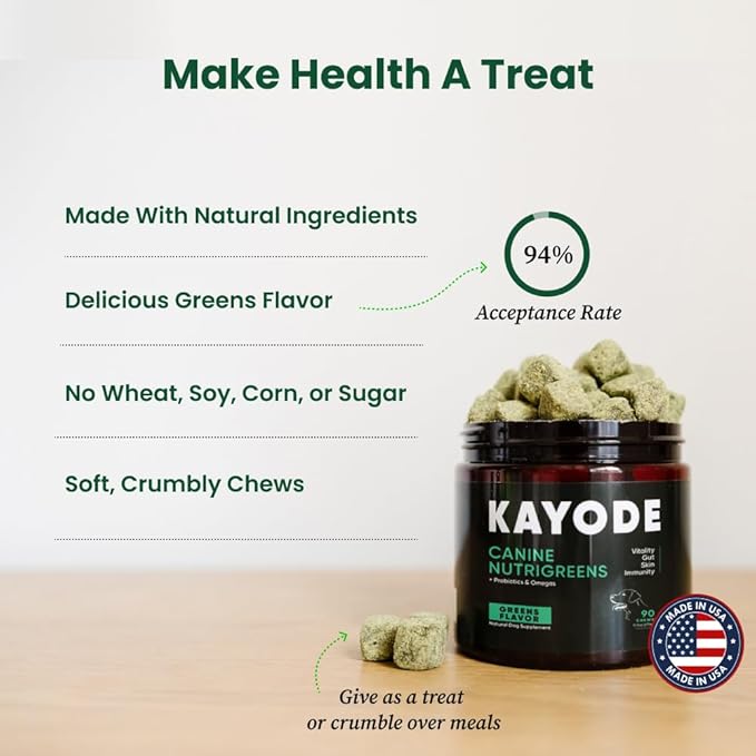 Canine NutriGreens - Natural Dog Vitamins &amp; Probiotics for Dogs. No Messy Powder. Includes Spirulina, Kelp &amp; Antioxidant Berry Mix. 6-in-1 Dog Supplements &amp; Vitamins Chews. Super Greens for Dogs.