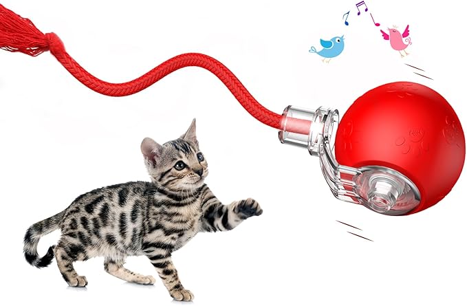 Interactive Cat Toys, Automatic Moving Cat Toys for Bored Indoor Adult Cats, Fast Rolling, Chirping &amp; Motion-Activated Kitty Toys, Fun Gift for Cats with Speedy Tail 2.0, USB Rechargeable,Red