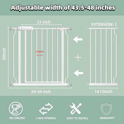 TSAYAWA Walk Through Baby Gate with Door, 43.5-48 Inch Wide Presure Mounted No Drill Metal Auto Close Child Gate for Stair Doorway - Indoor Outdoor Safty Gate for Toddler Dog Doggie, White