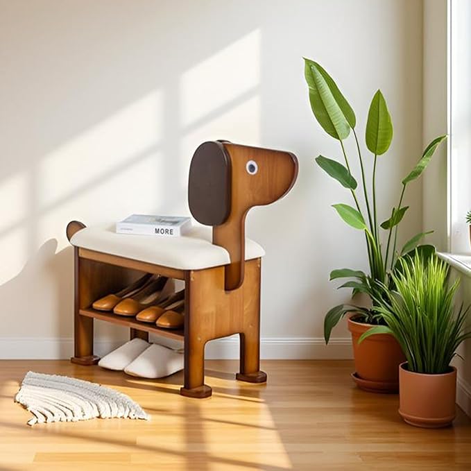 latifolia Puppy Shoe Bench, 2-Tier Solid Wood Entryway Organizer, Cute Pet-Shaped Shoe Bench for Hallway &amp; Living Room(19.68 inch)
