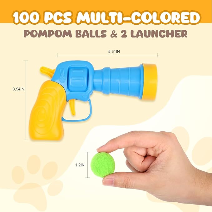 100Pcs Cat Toys Pom Pom Balls with 2 Launchers Set, Interactive Cat Toy Stuff for Indoor Both Adult &amp; Kitten Toys