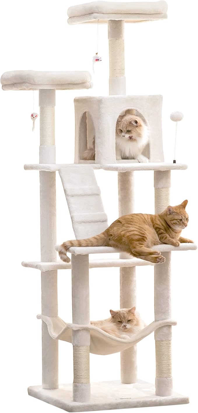MWPO 70.1-Inch Large Cat Tree, Multi-Level Tall Cat Tower for Indoor Cats, Plush Cat Condo with Big Padded Perches, Sisal-Covered Scratching Posts, Hammock, Toys for Kittens &amp; Cats - Beige