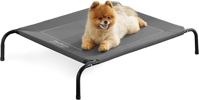 Bedsure Outdoor Elevated Dog Beds for Small Dogs, Portable Indoor &amp; Outdoor Cooling Raised Cot Pet Hammock Bed with Skid-Resistant Feet, Frame with Breathable Mesh, Grey, 35 inches