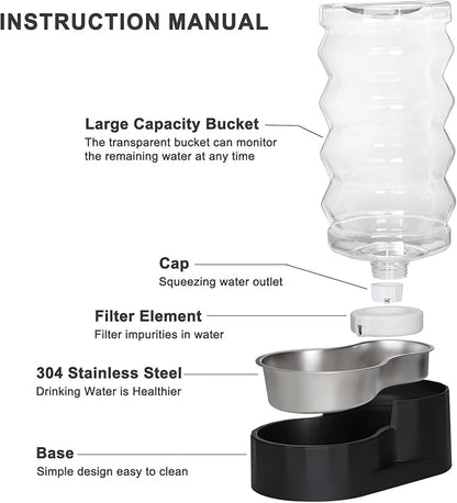 Sfozstra Automatic Pet Water Dispenser: 9L Black Lagre Dogs Stainless Steel Gravity Feeder - Convenient Drinking Water Dispenser Designed for Dogs and Cats