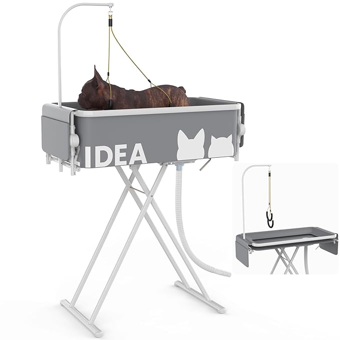 PAWZIDEA 2-in-1 Portable Dog Bathtub &amp; Grooming Table, 33" Foldable Pet Washing Station for Small Medium Dogs Cats, Elevated Tubs for Bathing Shower Indoor Outdoor, 5 Height Adjustable, Storage Pocket