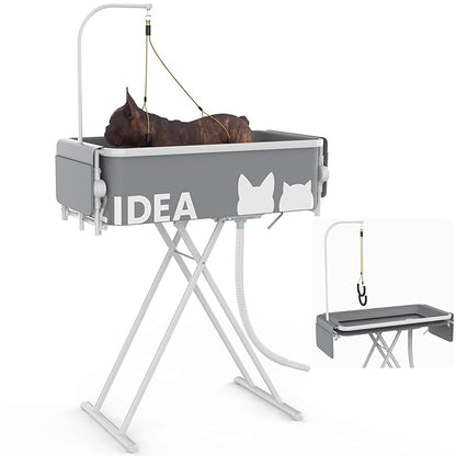 PAWZIDEA 2-in-1 Portable Dog Bathtub &amp; Grooming Table, 33" Foldable Pet Washing Station for Small Medium Dogs Cats, Elevated Tubs for Bathing Shower Indoor Outdoor, 5 Height Adjustable, Storage Pocket
