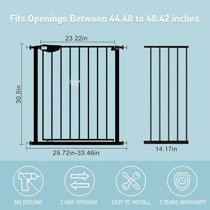 WAOWAO Triple Lock Baby Gate Extra Wide 44.48-48.42" Pressure Mounted Walk Through Swing Auto Close Safety Black Metal Dog Pet Puppy for Stairs,Doorways,Kitchen