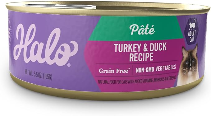Halo Wet Cat Food Turkey &amp; Duck Recipe, Grain Free Wet Cat Pate, Canned Cat Food for Extra Hydration, 5.5 Oz Can (Pack of 12)