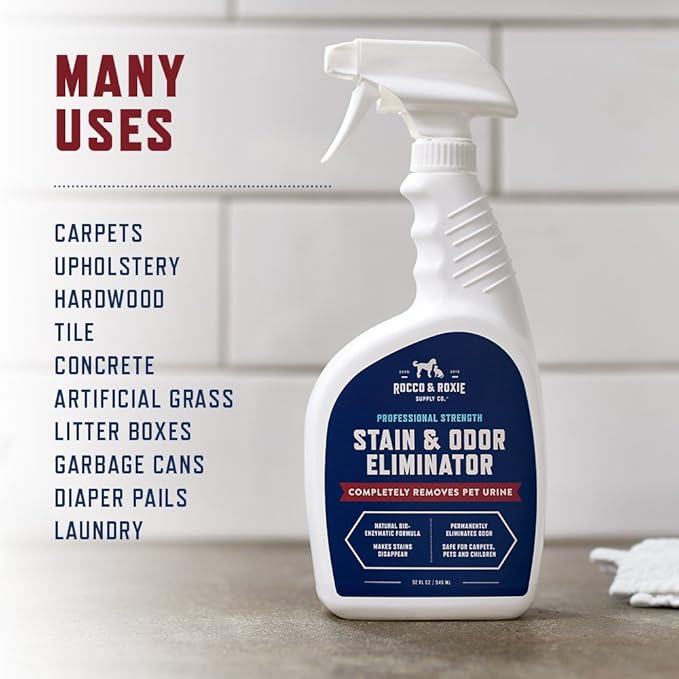 Rocco &amp; Roxie Stain &amp; Odor Eliminator for Strong Odor, 32oz Enzyme Pet Odor Eliminator for Home, Carpet Stain Remover for Cats &amp; Dog Pee, Enzymatic Cat Urine Destroyer, Carpet Cleaner Spray