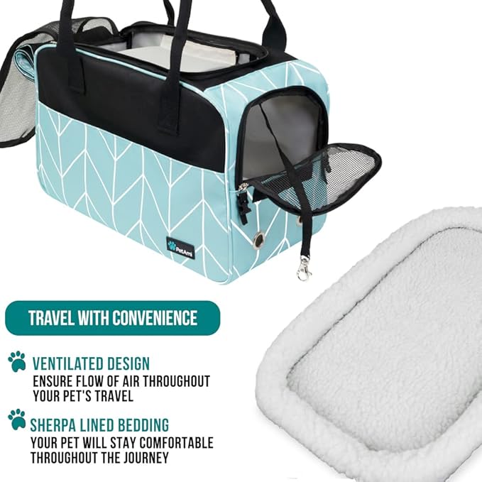 PetAmi Dog Purse Carrier for Small Dogs, Airline Approved Soft Sided Pet Carrier with Pockets, Ventilated Dog Carrying Bag for Puppy Cat, Dog Travel Supplies Bag, Sherpa Bed, Max 12 lbs, Chevron Teal